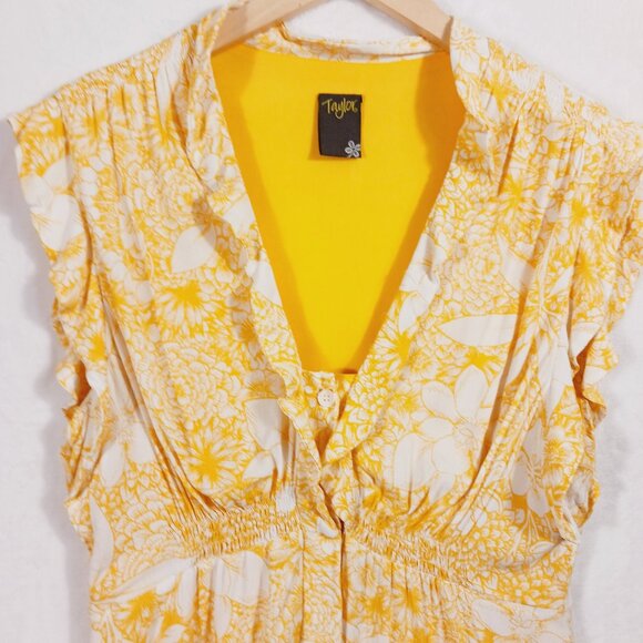 Taylor, Yellow & White Floral Midi Dress, Med., Lined, Ruffled Neck & Sleeve - Picture 3 of 13